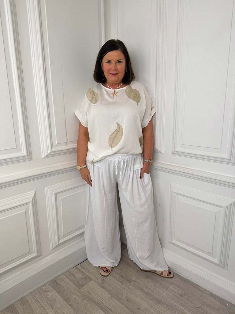 Embroidered Gold Leaf Top - Warm White