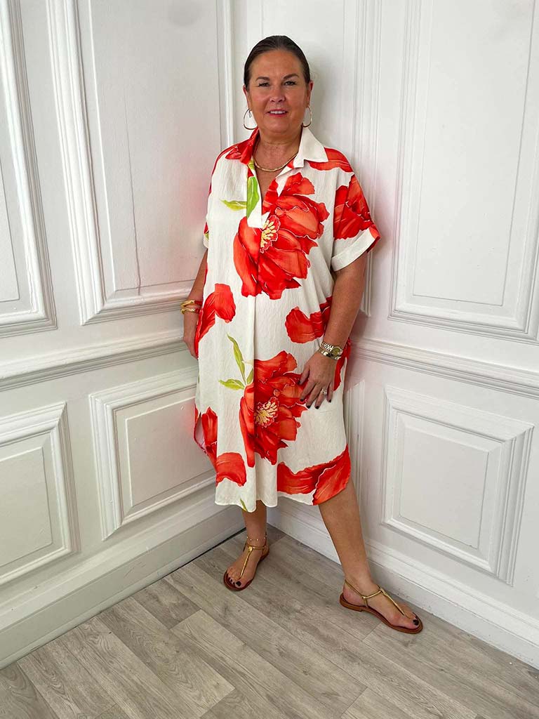 Floral Pocket V-Neck Dress - Red