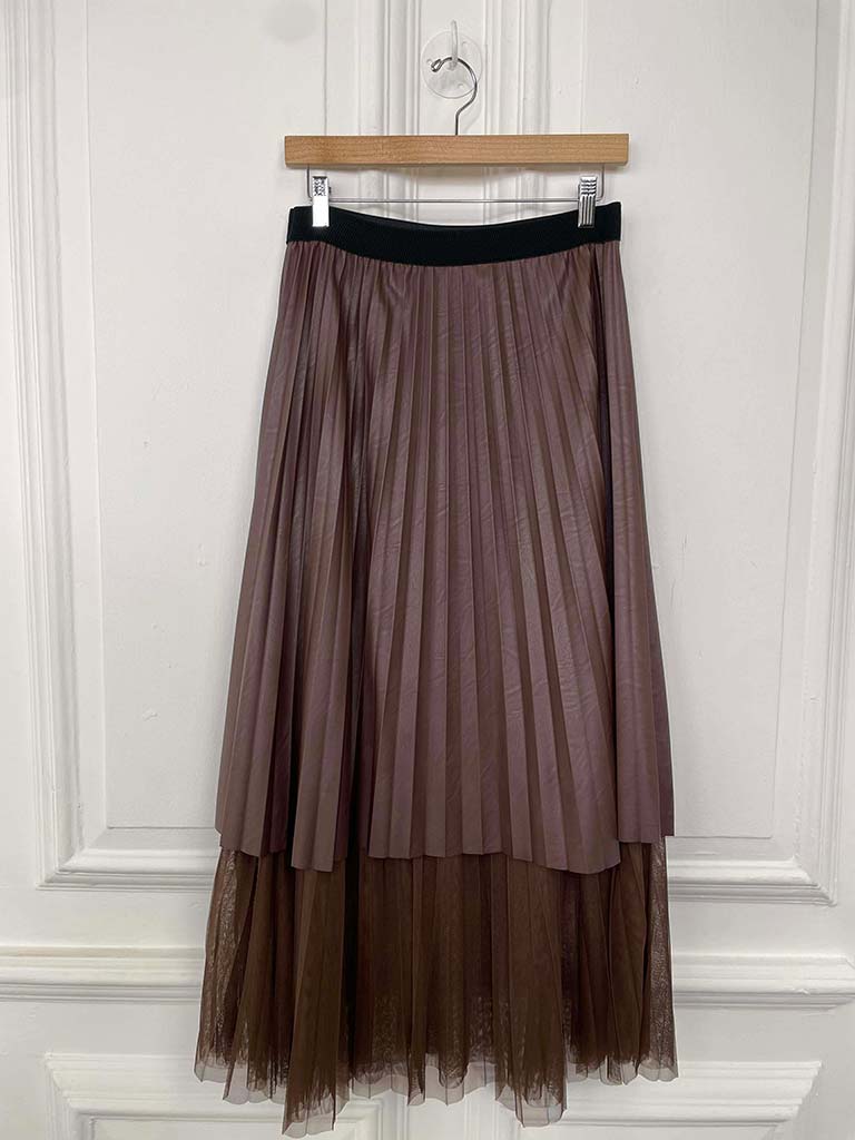 Faux Leather & Tulle Pleat Skirt - Chocolate