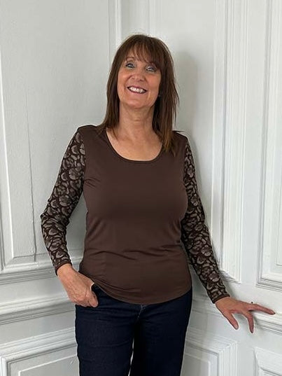Malissa J Mesh Sleeve Top - Brown