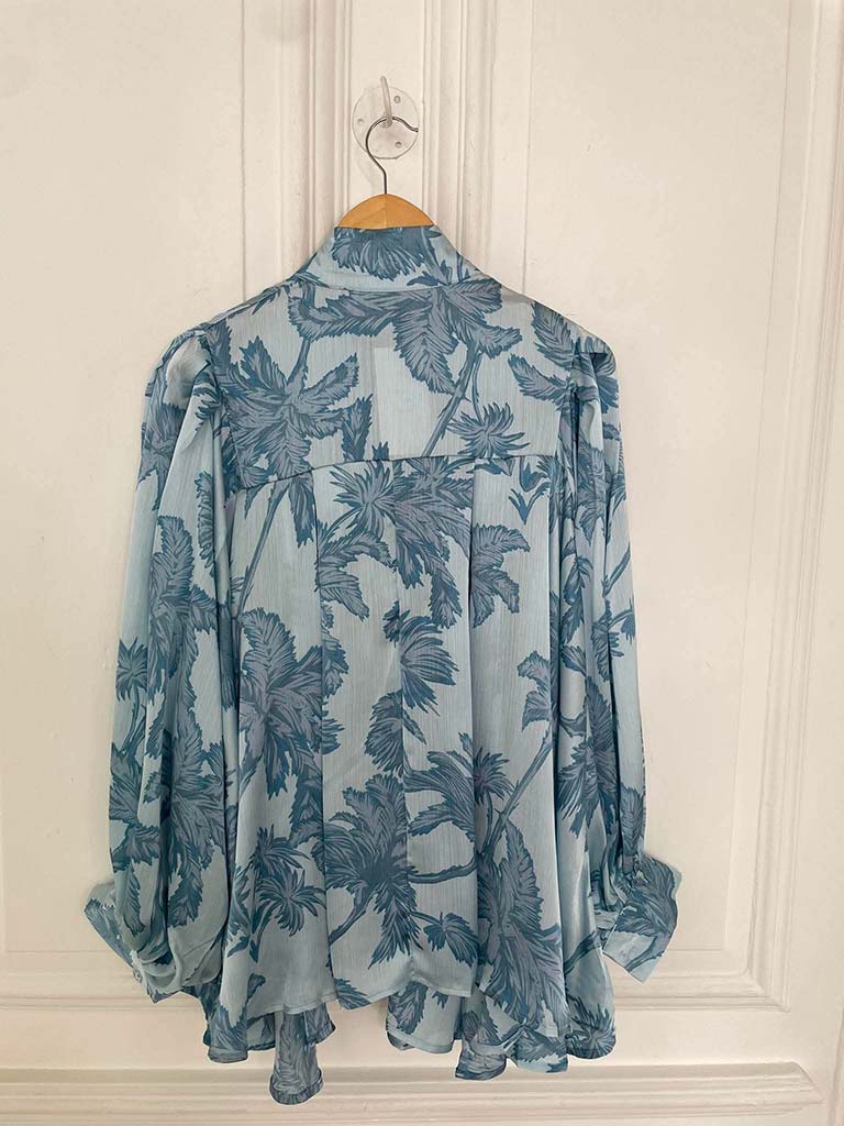 Palm Pussybow Blouse - Aqua