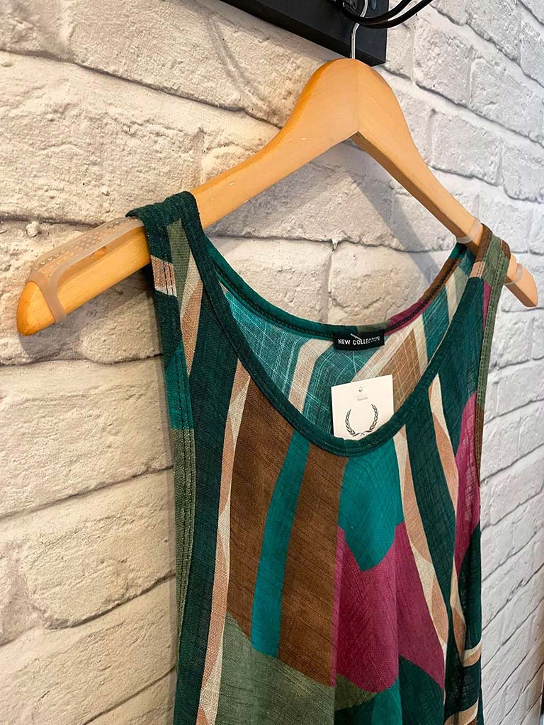 Abstract Print A-Line Dress - Teal & Magenta