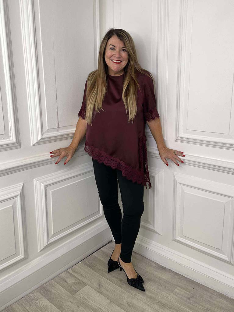 Lace Trim Asymmetric Top - Burgundy