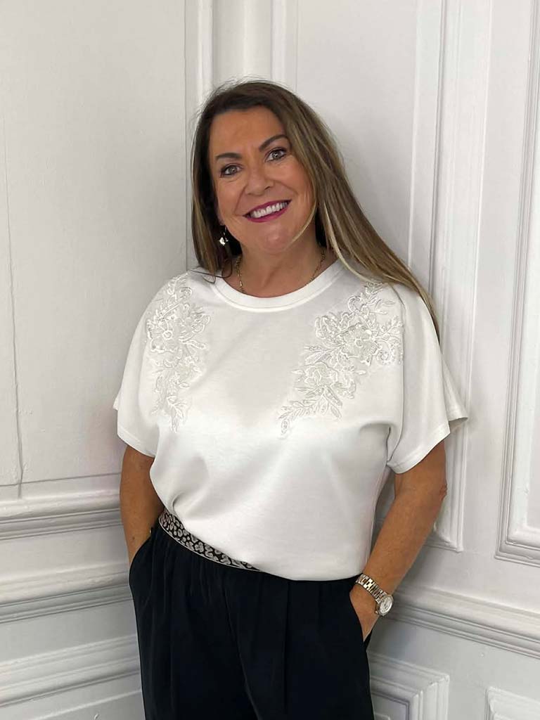 Malissa J Floral Embellished Top - Warm White