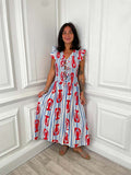 Tie Front Shirred Dress - Blue Stripe Lobster