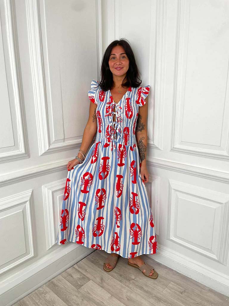 Tie Front Shirred Dress - Blue Stripe Lobster