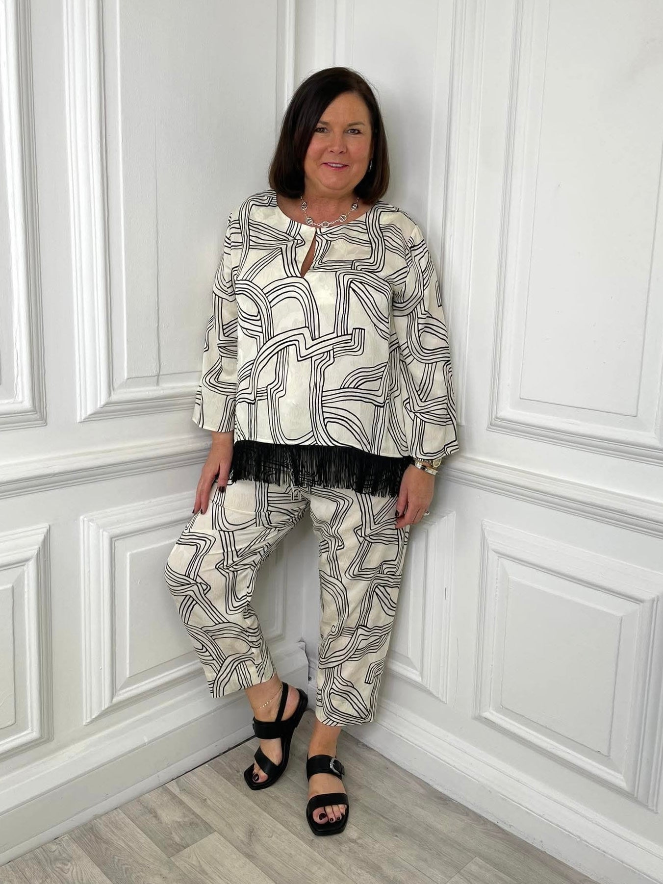 Malissa J Abstract Fringed Top - Ecru