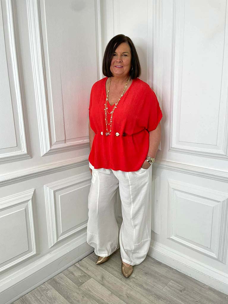 V-Neck Stone Drawstring Top - Blood Orange