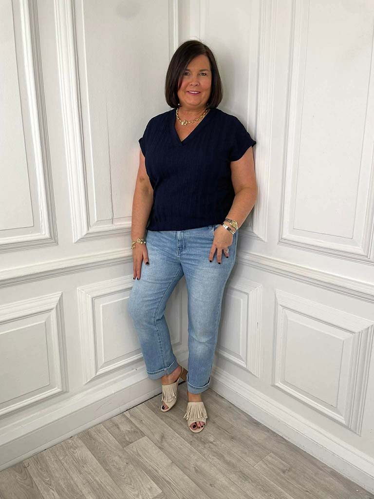 Textured V-Neck Top - Navy