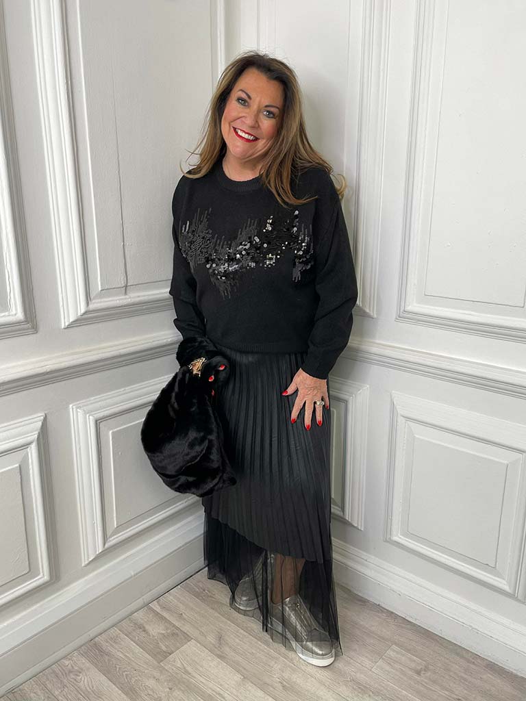 Faux Leather & Tulle Pleat Skirt - Black