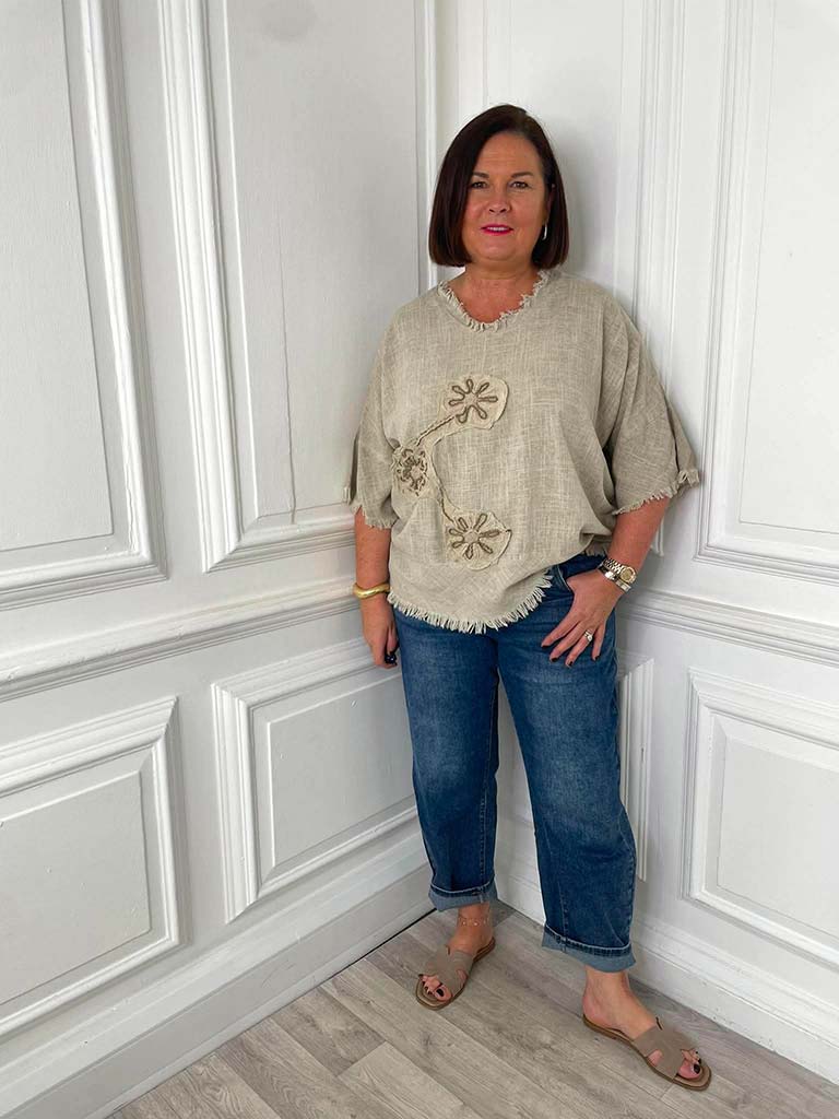 Flower Stitch Raw Edge Top - Sand