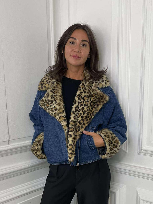 Denim & Leopard Biker Jacket