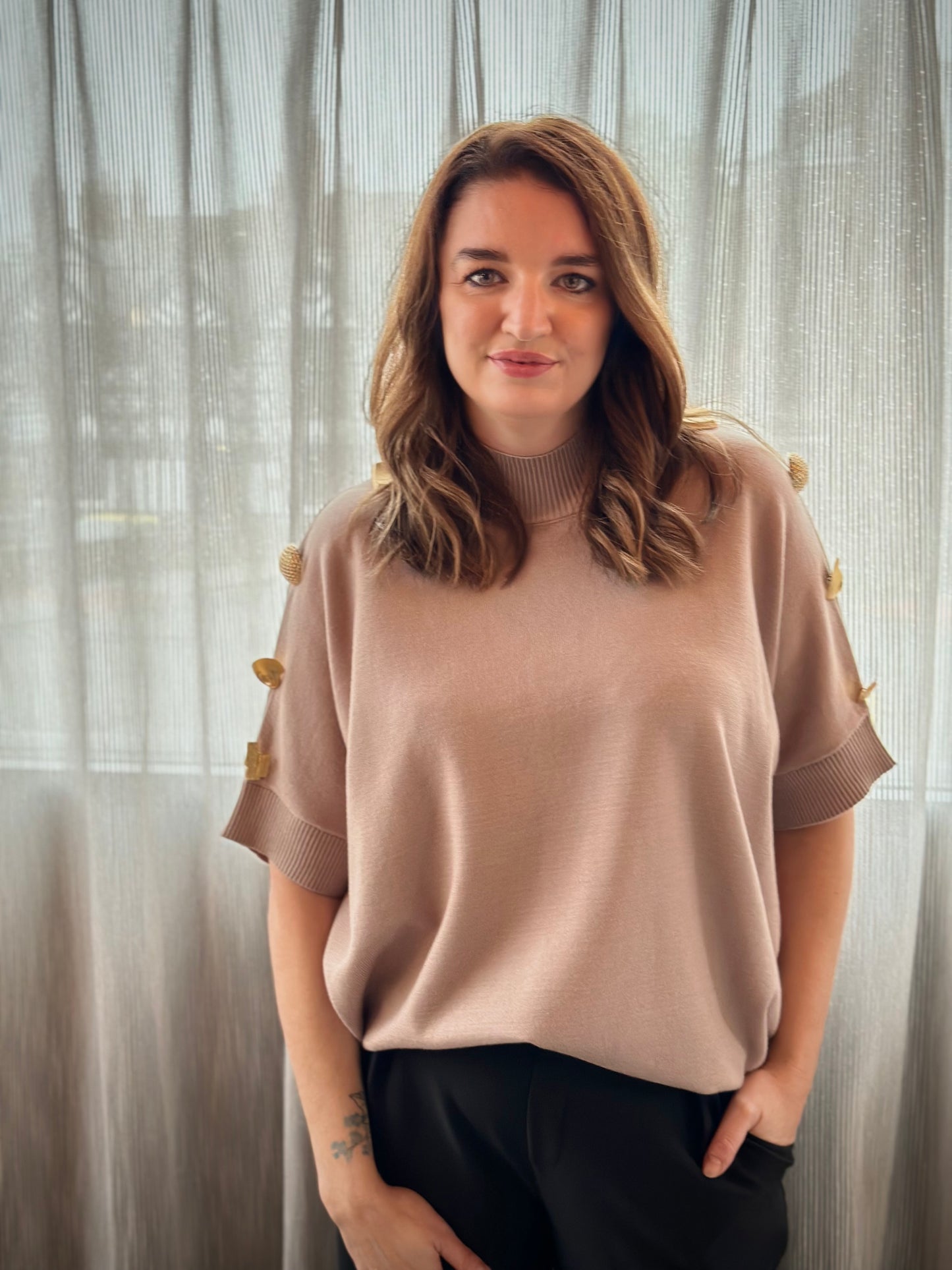 Malissa J Statement Button Knit - Mushroom