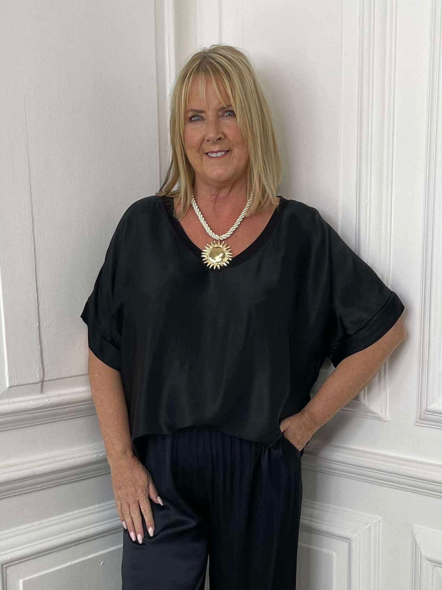 Silk Feel V-Neck Top - Black