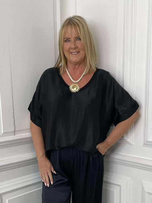 Silk Feel V-Neck Top - Black