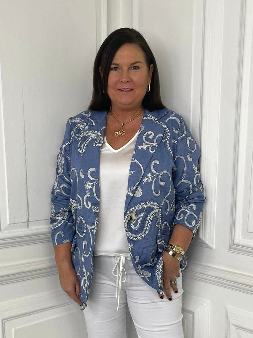 Blue paisley blazer with relaxed fit, tailored for womens fashion, ideal for everyday wear and a modern outfit. - Malissa J Paisley Blazer - Blue