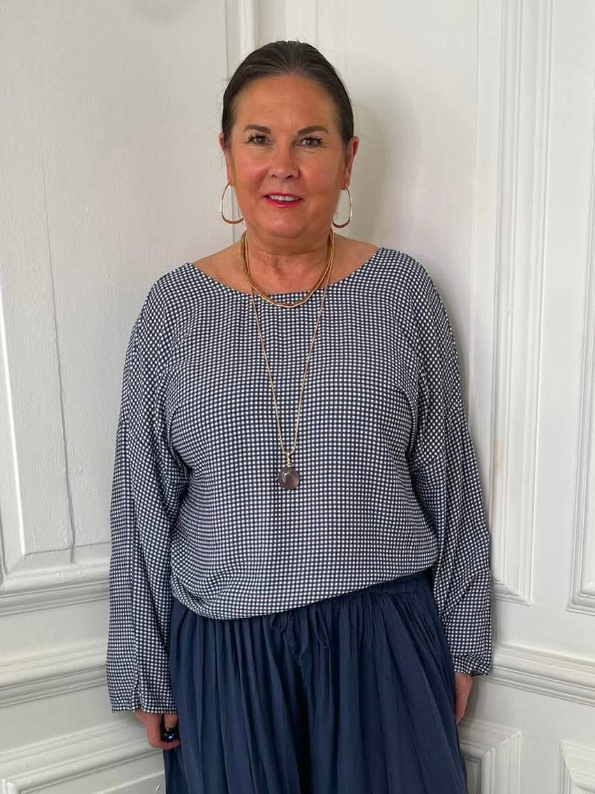Gingham Tie Side Top - Navy