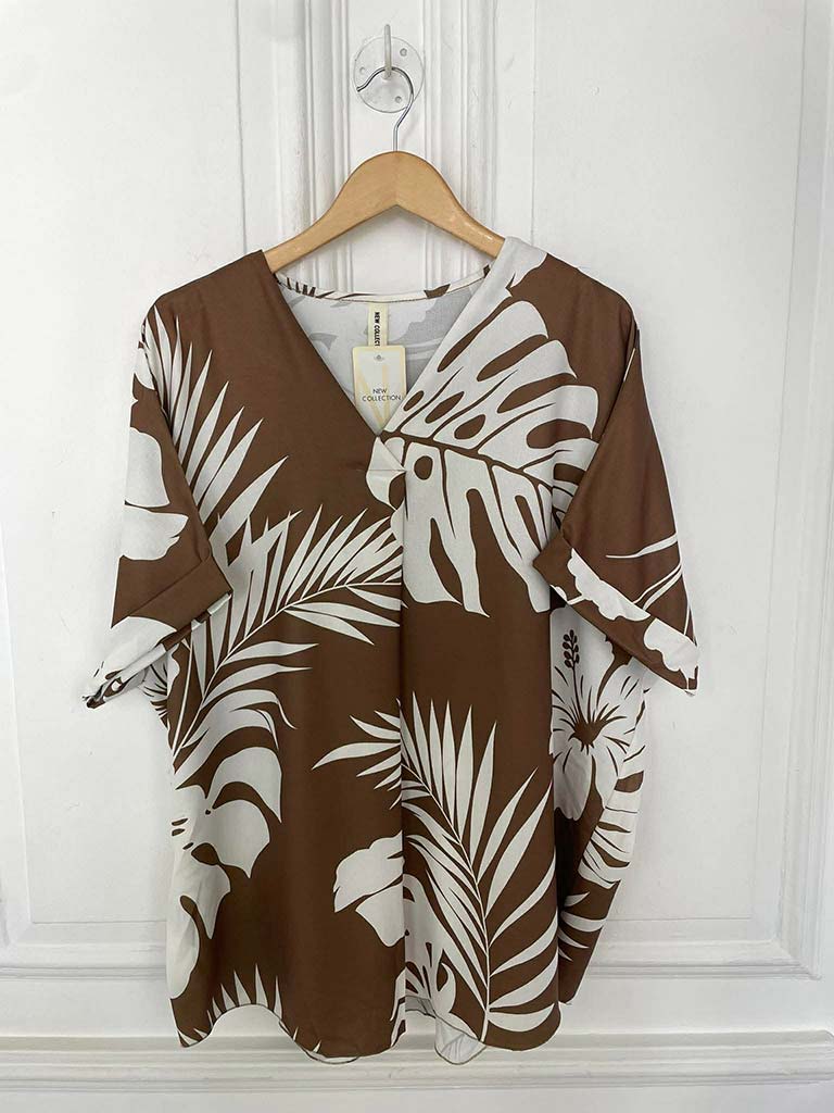 Tropical Print V-Neck Top - Pecan