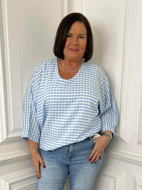 Gingham Gathered Hem Top - Sky