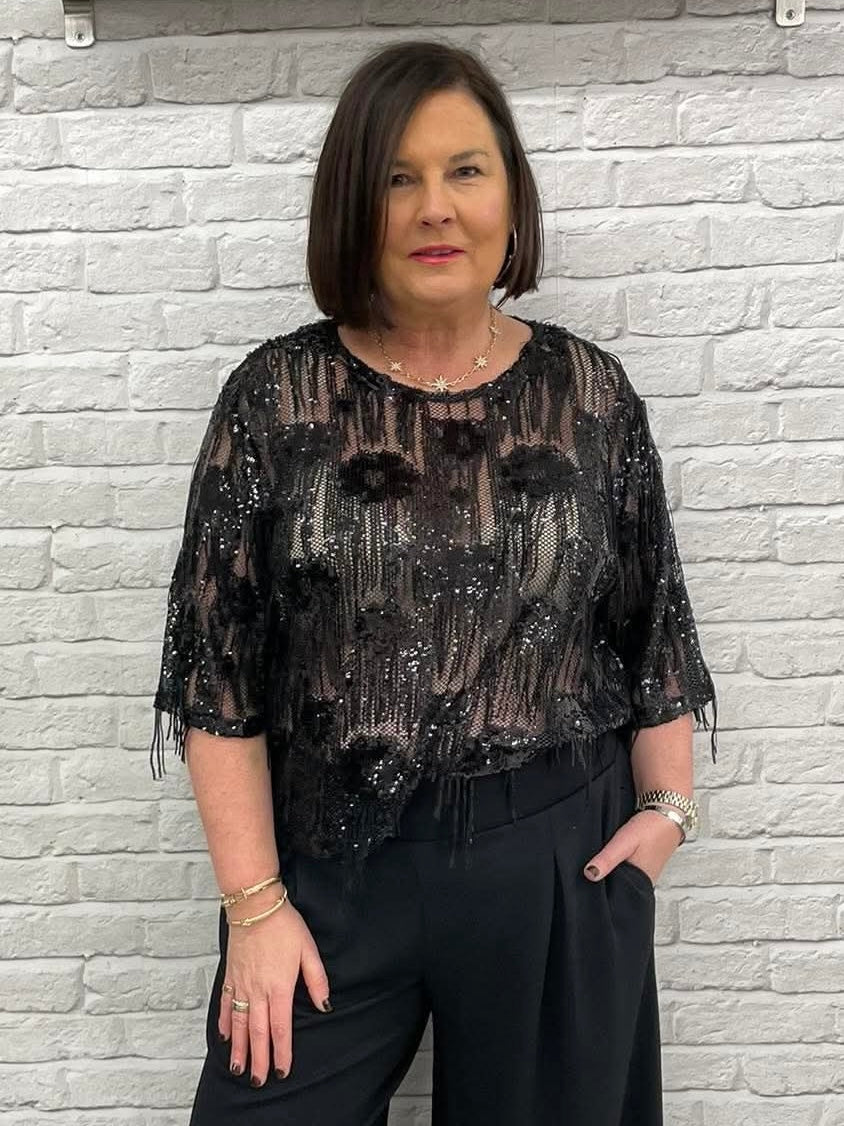 Soya Concept Jenda Sequin Fringed Top - Black