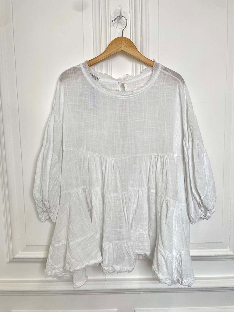Cotton Balloon Sleeve Smock Top - White