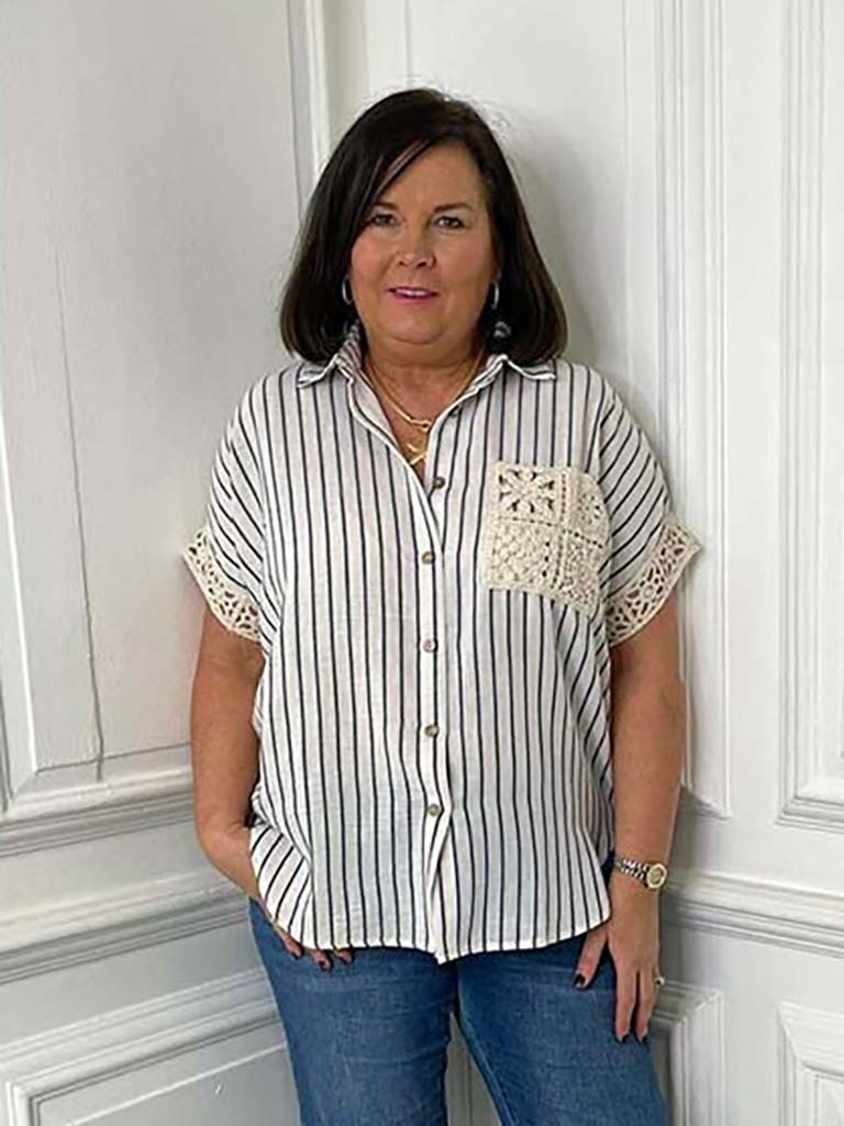 Stripe & Crochet Detail Shirt - Blue
