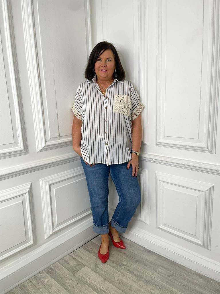 Stripe & Crochet Detail Shirt - Blue