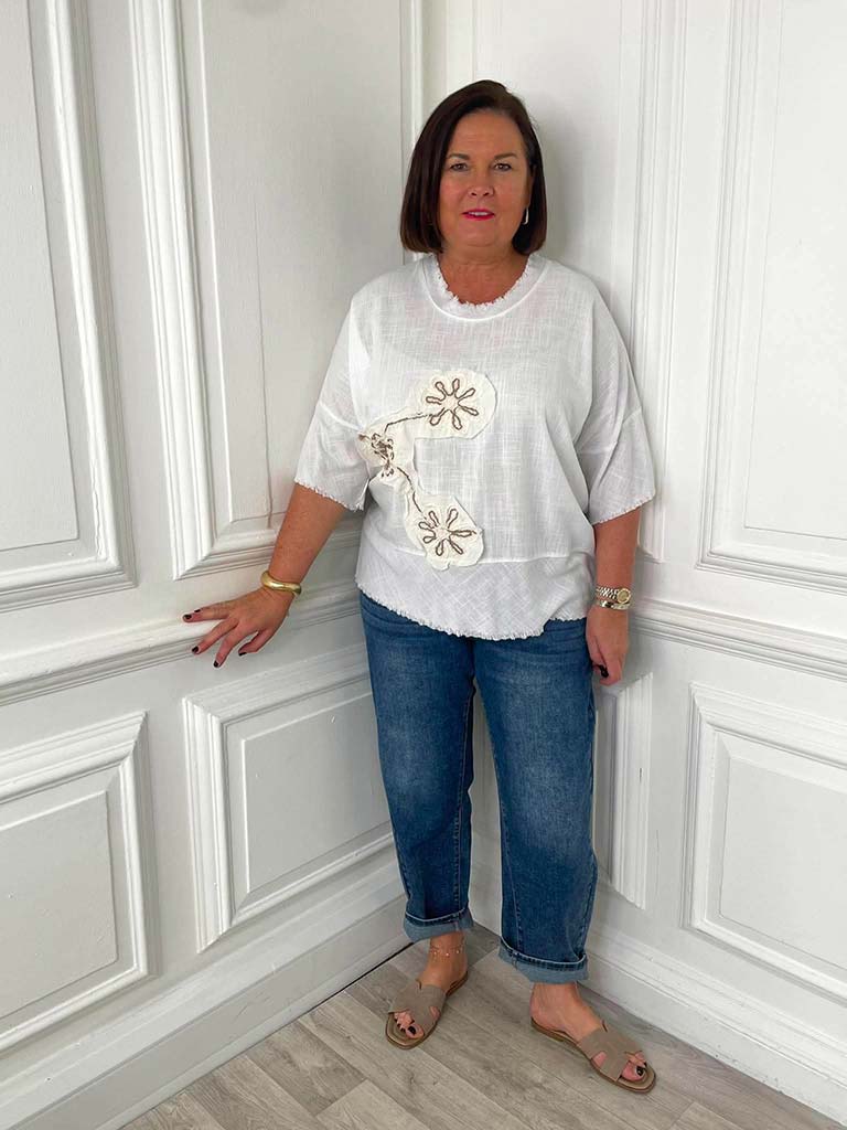 Flower Stitch Raw Edge Top - White