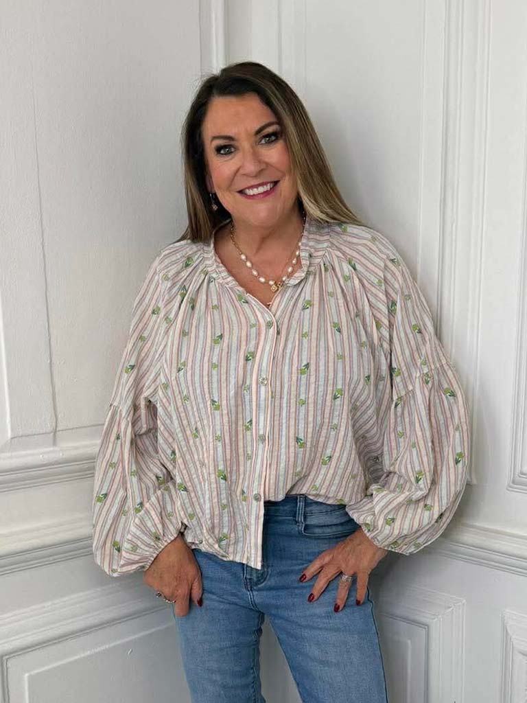 Vintage Rose Stripe Shirt - Strawberry Sky