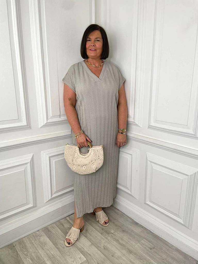 Textured Side Split Dress - Pebble