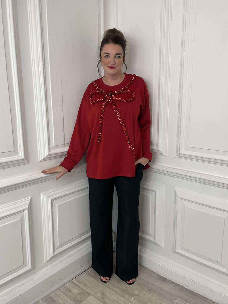 Malissa J Embellished Bow Jersey Top - Wine