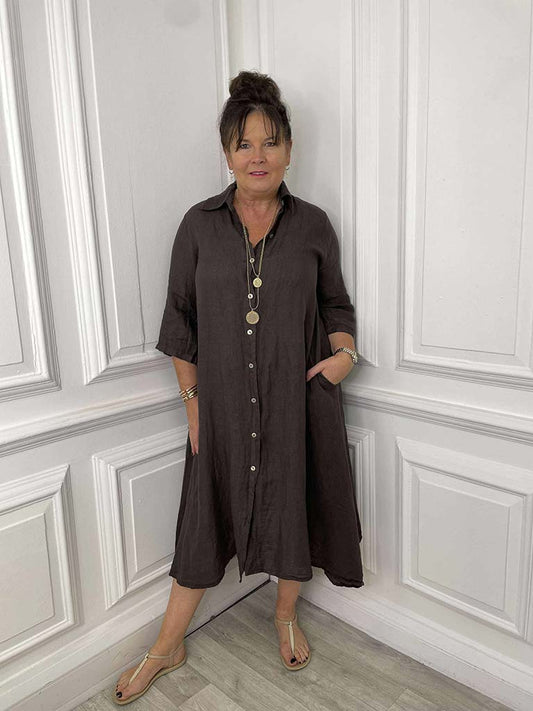 Linen Shirt Dress - Chocolate