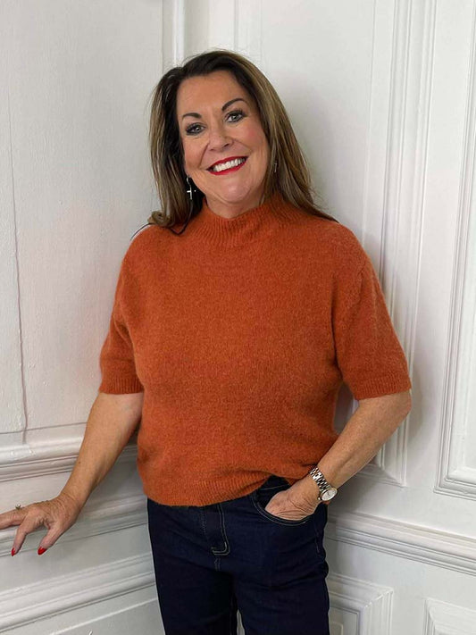 High Neck Short Sleeve Knit - Burnt Orange
