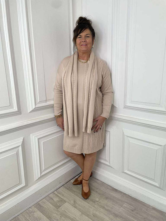 Malissa J Cable Knit Tunic & Scarf - Stone