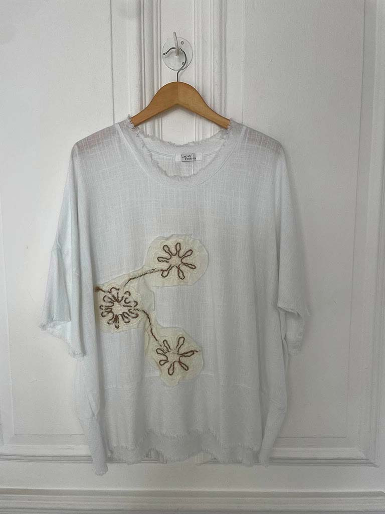 Flower Stitch Raw Edge Top - White