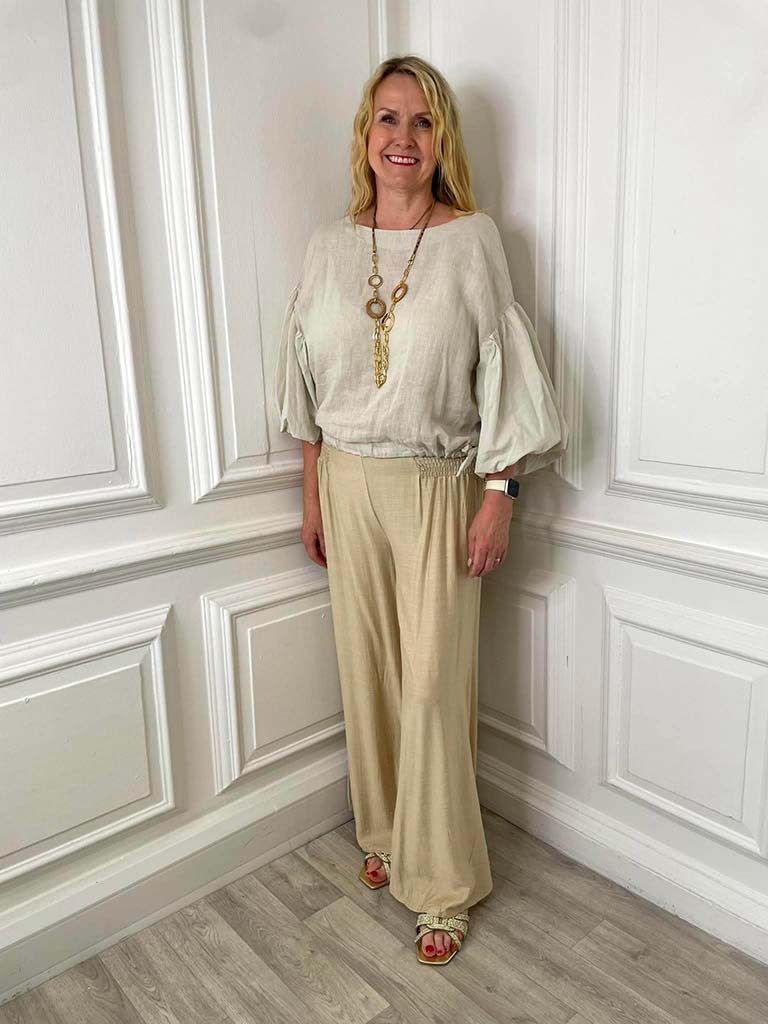 Linen Puff Sleeve Top - Stone