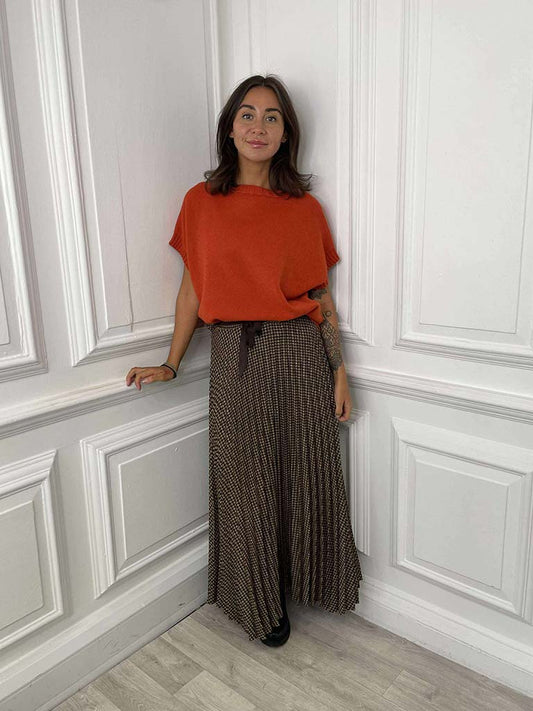 Houndstooth Pleated Skirt - Camel