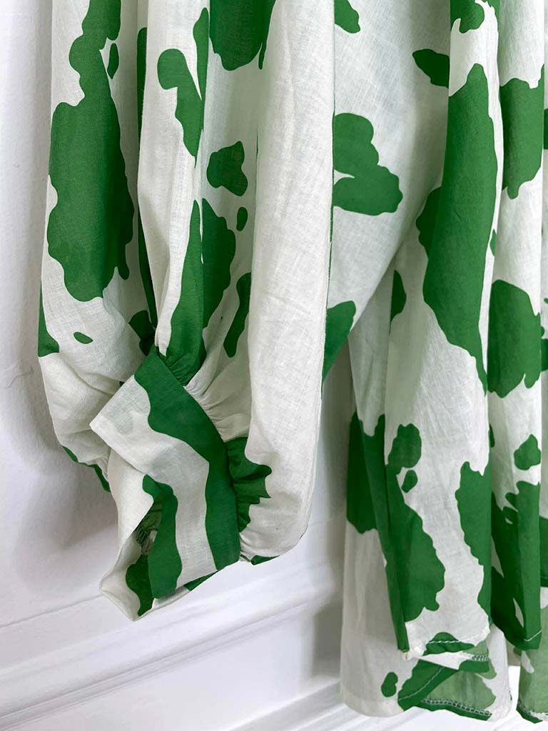 Balloon Sleeve Cow Print Blouse - Green