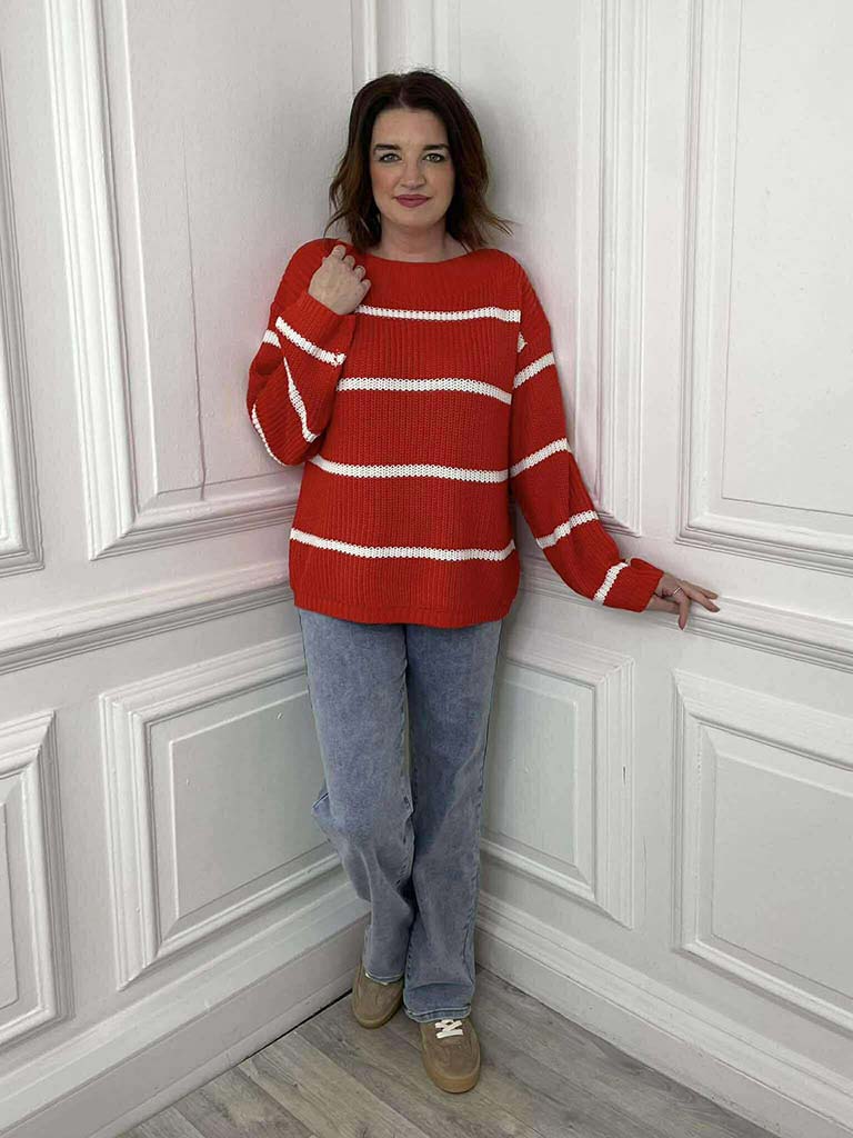Boat Neck Stripe Knit - Red