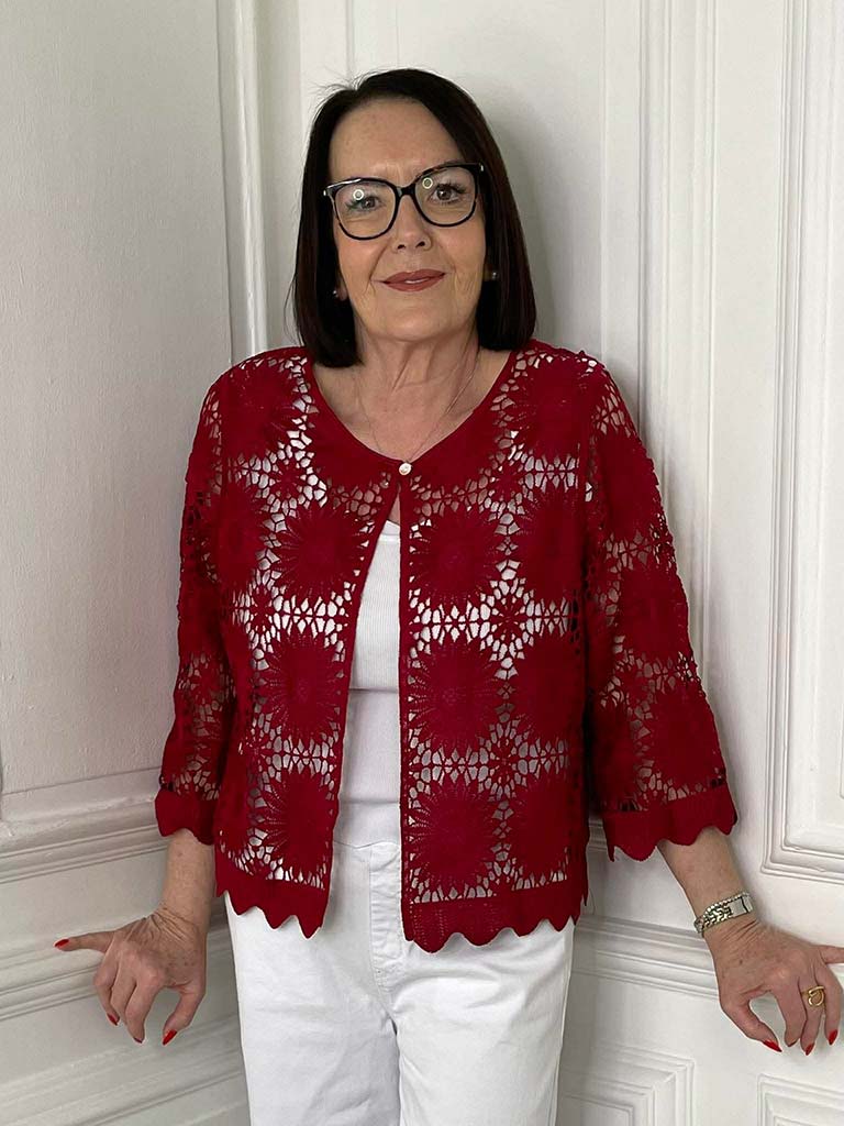 Cranberry crochet jacket with daisy pattern, relaxed fit, perfect for womens fashion and everyday wear. - Daisy Crochet Jacket - Cranberry