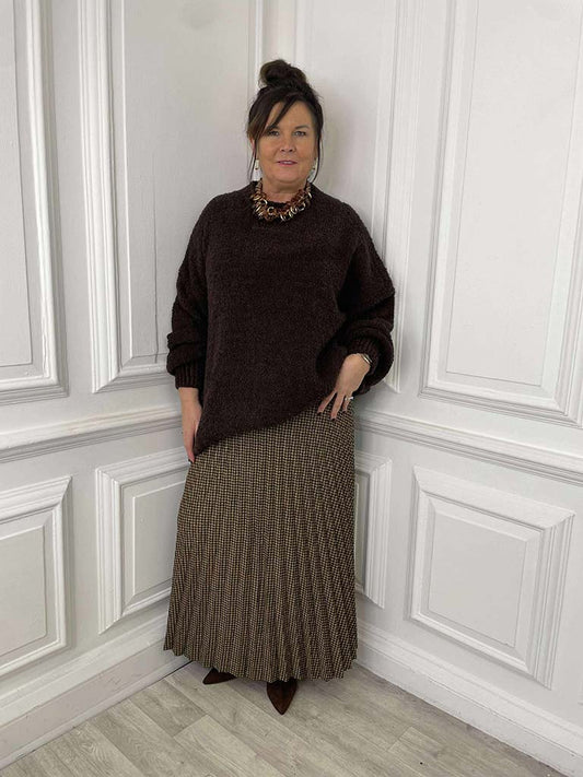Houndstooth Pleated Skirt - Camel