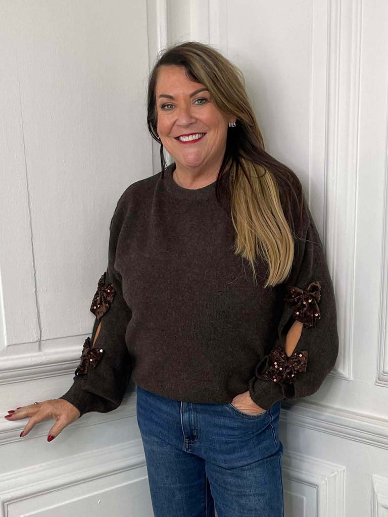 Sequin Bow Sleeve Knit - Chocolate