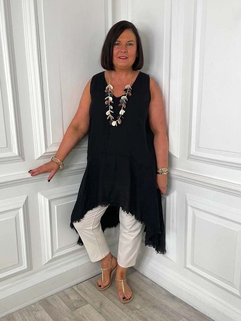 Linen Dip Back Tunic - Black