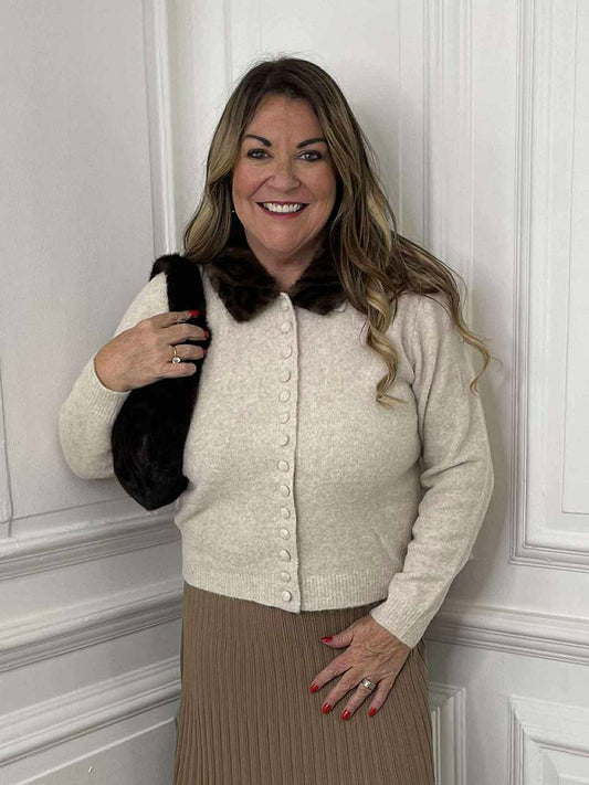 Faux Fur Collar Cardigan - Stone