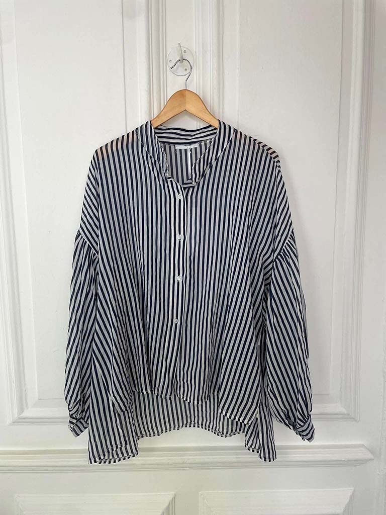 Balloon Sleeve Stripe Blouse - Navy