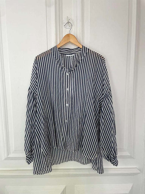 Balloon Sleeve Stripe Blouse - Navy