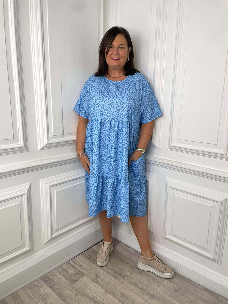 Leopard Print Tiered Smock Dress - Aqua