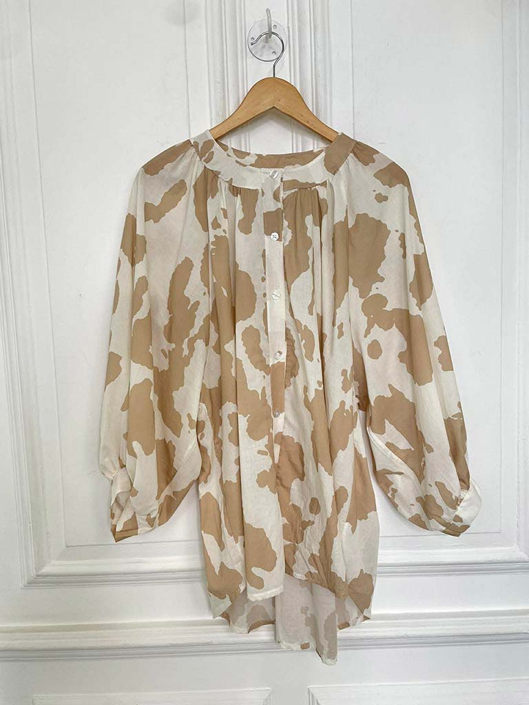 Balloon Sleeve Cow Print Blouse - Stone