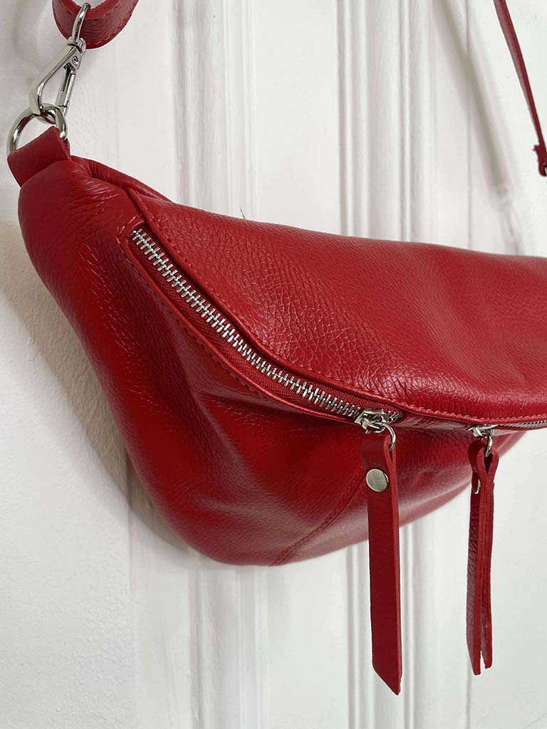Leather Double Zip Bumbag - Red