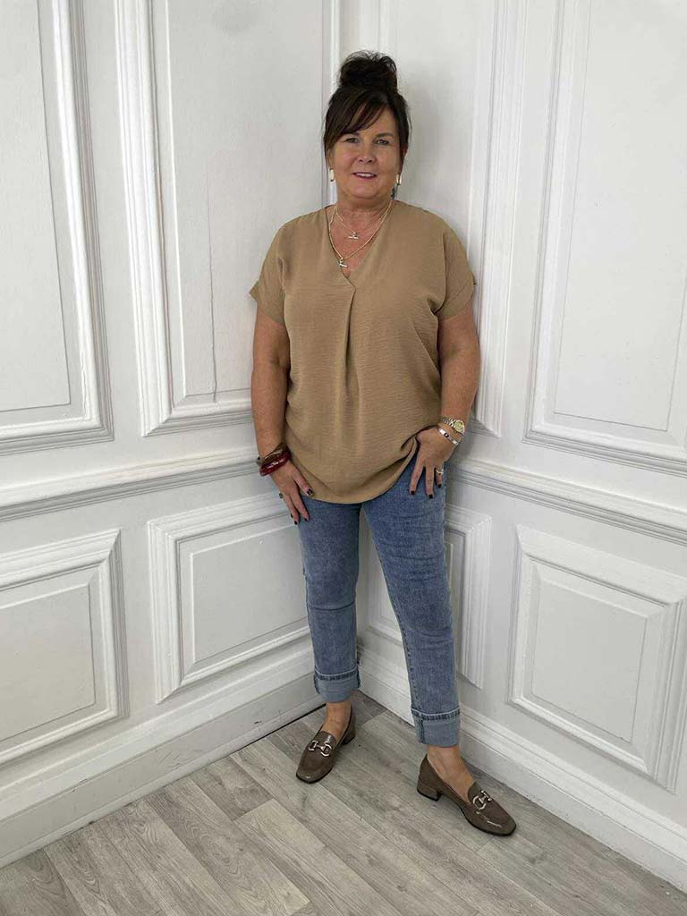 V-Neck Pleat Front Top - Caramel